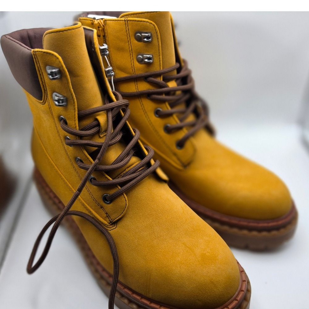 Wild Fable Women Tan Marl Combat Boots Mustard Yellow Lug Sole Side Zip Size 10